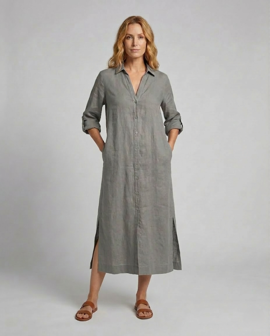Damen Leinen Maxikleid mit Knöpfen Beige - Eveloria