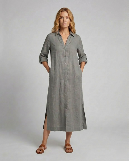 Damen Leinen Maxikleid mit Knöpfen Beige - Eveloria