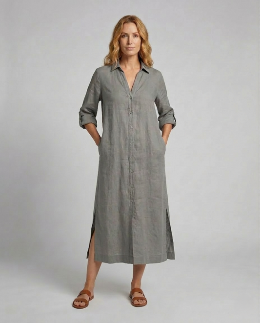Damen Leinen Maxikleid mit Knöpfen Beige - Eveloria