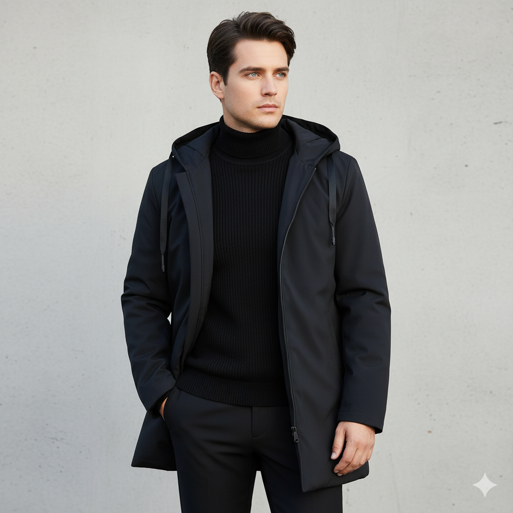 Herren Winterjacke Kapuze Reißverschluss Wind- und Wasserdicht Schwarz - Eveloria