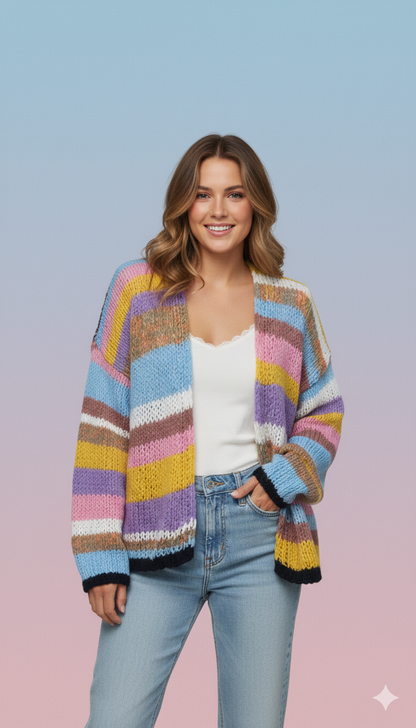 Eveloria Damen Strickpullover Farbenfroh Gestreift Offene Vorderseite
