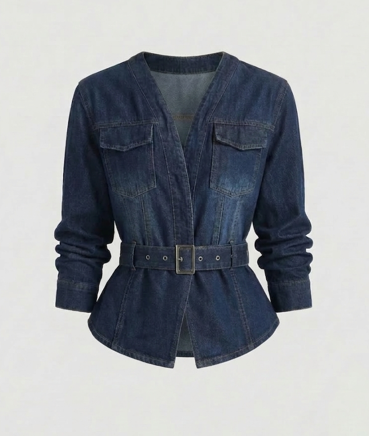 Damen Jeansblazer mit Taillengürtel und Schößchen