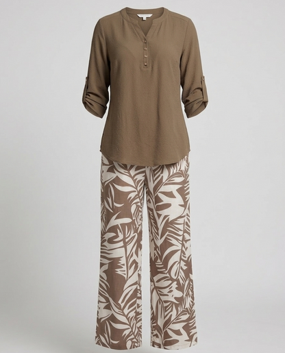 Damen Palazzo Set Blattprint Viskose Bluse