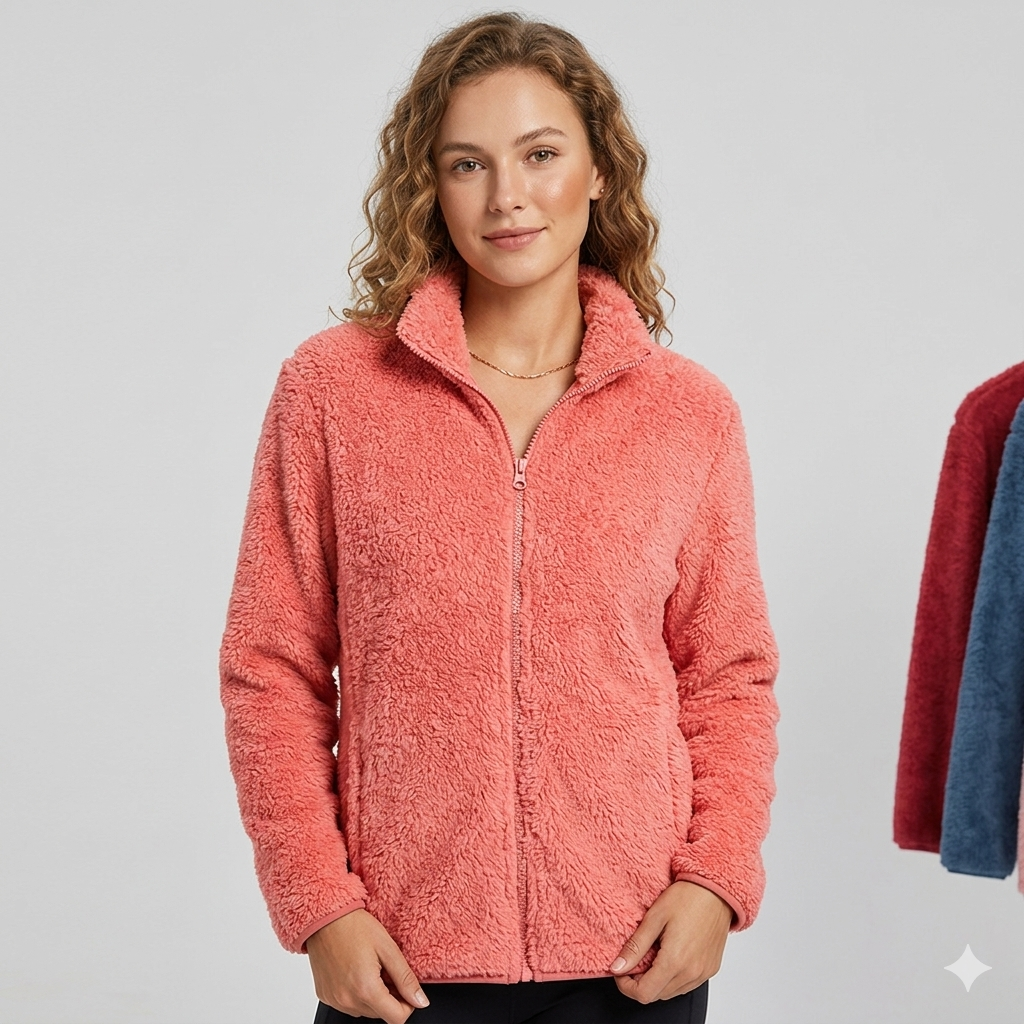 Damen Fleecejacke Flauschig Hochkragen Seitentaschen Eveloria