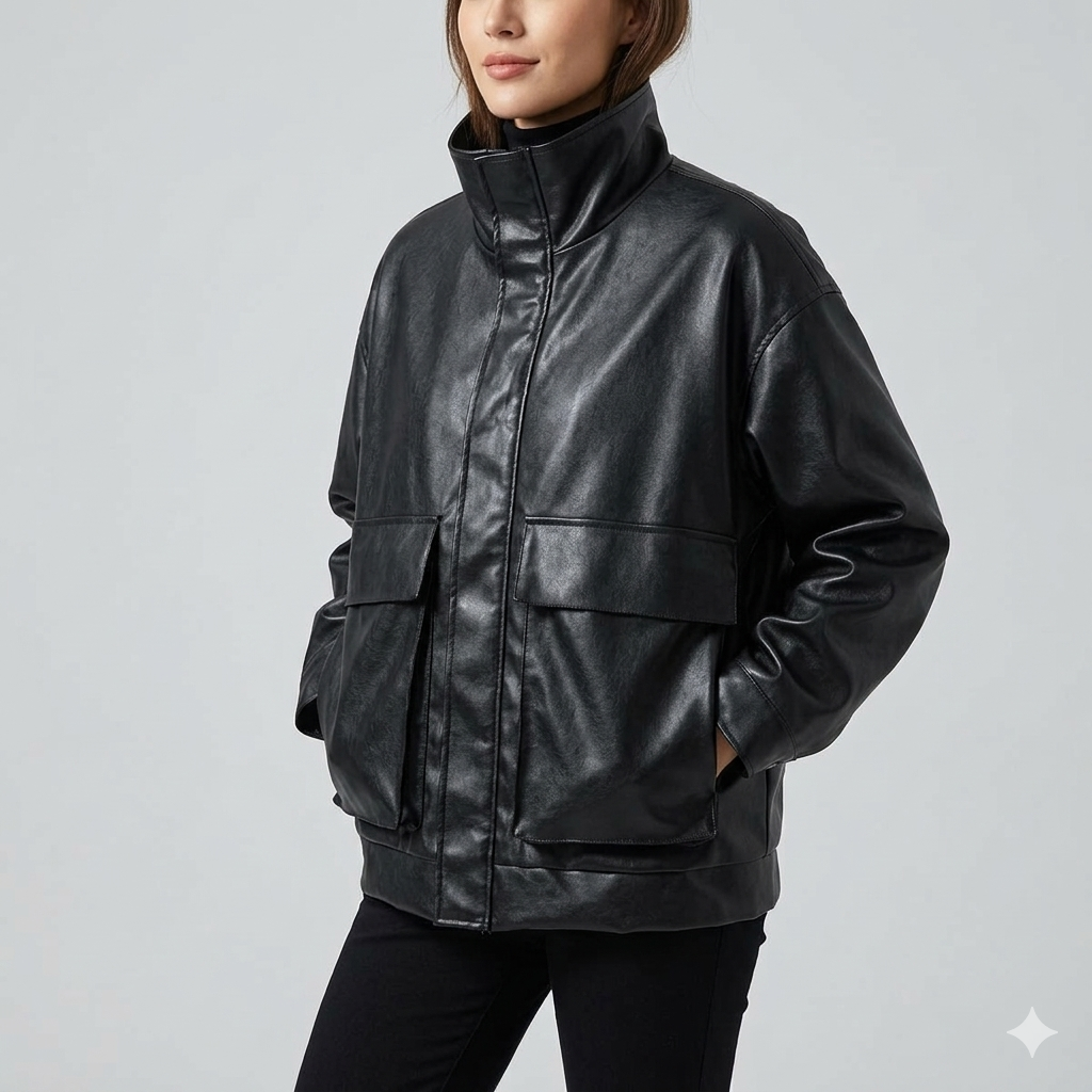 Damen Lederjacke Lässig Mit Taschen Eveloria
