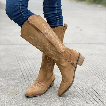 Eveloria Damen Cowboy Stiefel Wildleder Bestickt Braun - Eveloria