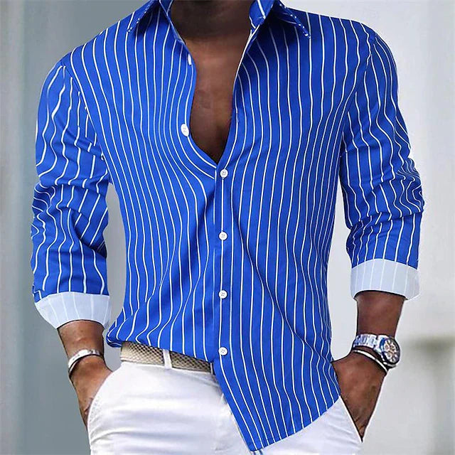 Herren Langarmhemd Slim Fit Gestreift Mit Knöpfen - Eveloria