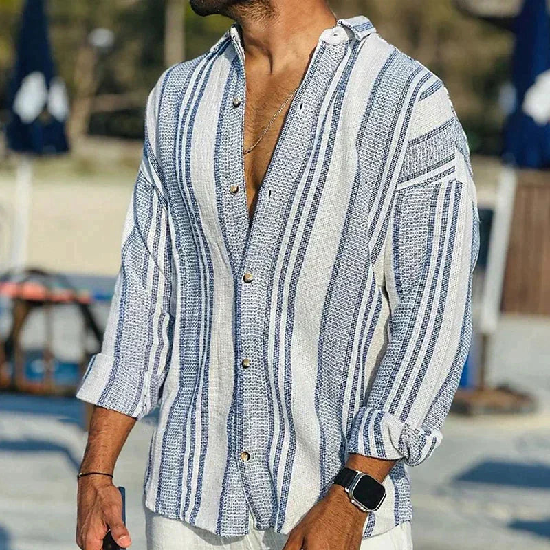 Herren Leinenhemd Gestreift Lange Ärmel Lose Passform Beige - Eveloria