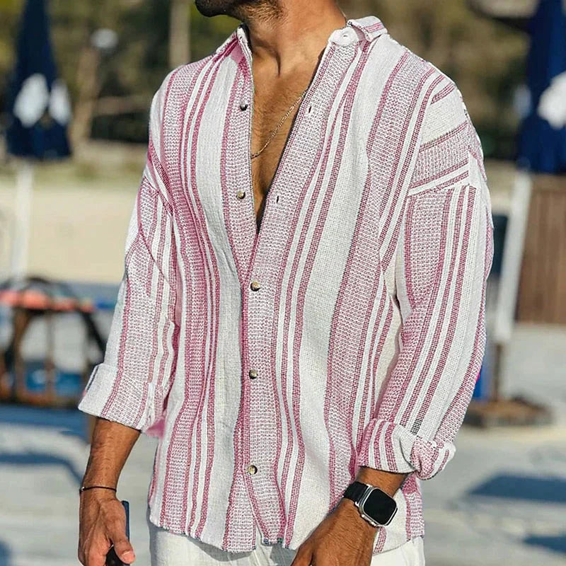 Gestreiftes Hemd - Lange Ärmel - Lose Passform - Leinenhemd - Herren Sommerhemd-Rosa-S-Chaps Herrenmode