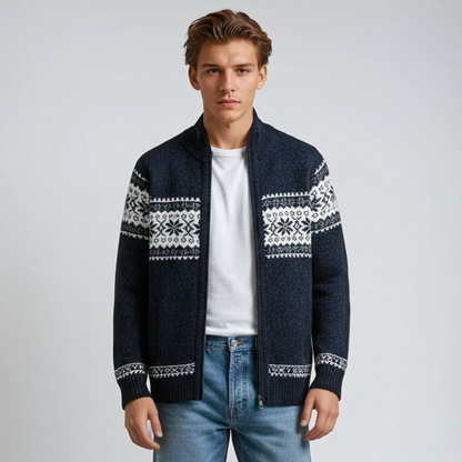 Herren Strickjacke Schneeflockenmuster Reißverschluss Beige - Eveloria