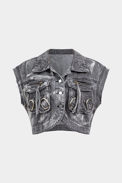 Raven Damen Cropped Denimweste Grau Metallelemente - Norvielle