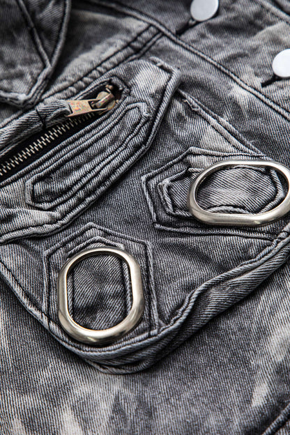 Raven Damen Cropped Denimweste Grau Metallelemente