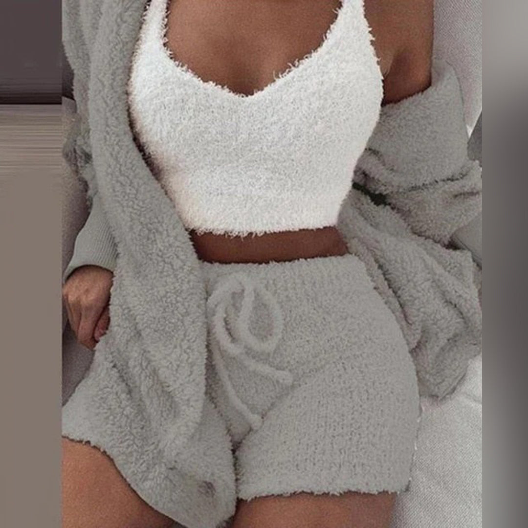 Damen Teddy Lounge Set Kapuzen-Cardigan und Shorts