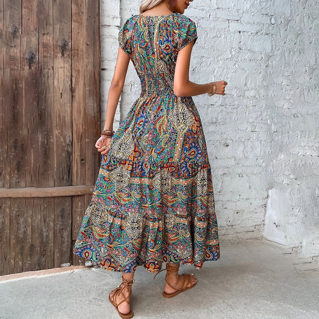 Damen Maxi Kleid V-Ausschnitt Kurzarm Tailliert Farbprint