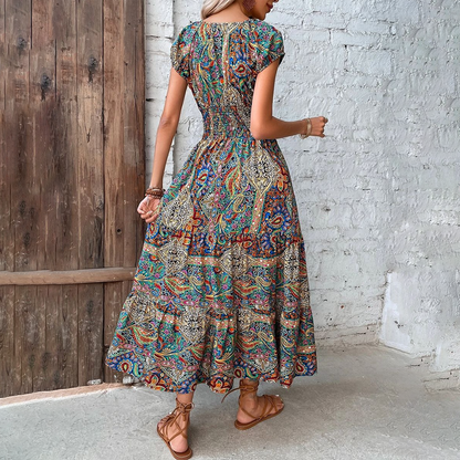 Damen Maxi Kleid V-Ausschnitt Kurzarm Tailliert Farbprint