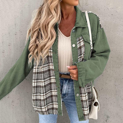 Damenjacke Kariert Denim-Look mit Knöpfen und Kragen