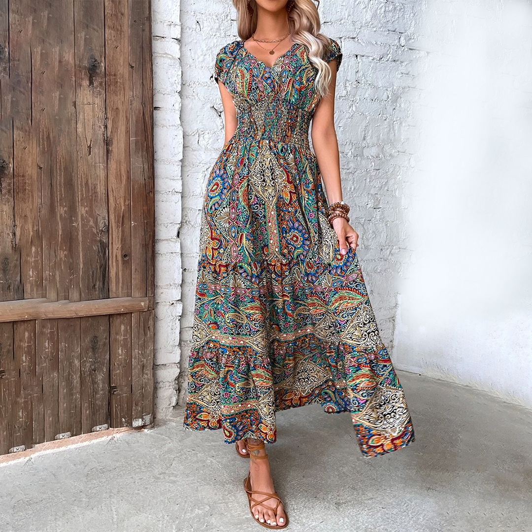 Damen Maxi Kleid V-Ausschnitt Kurzarm Tailliert Farbprint