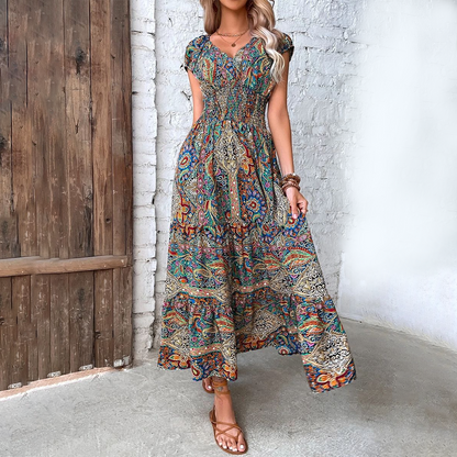 Damen Maxi Kleid V-Ausschnitt Kurzarm Tailliert Farbprint