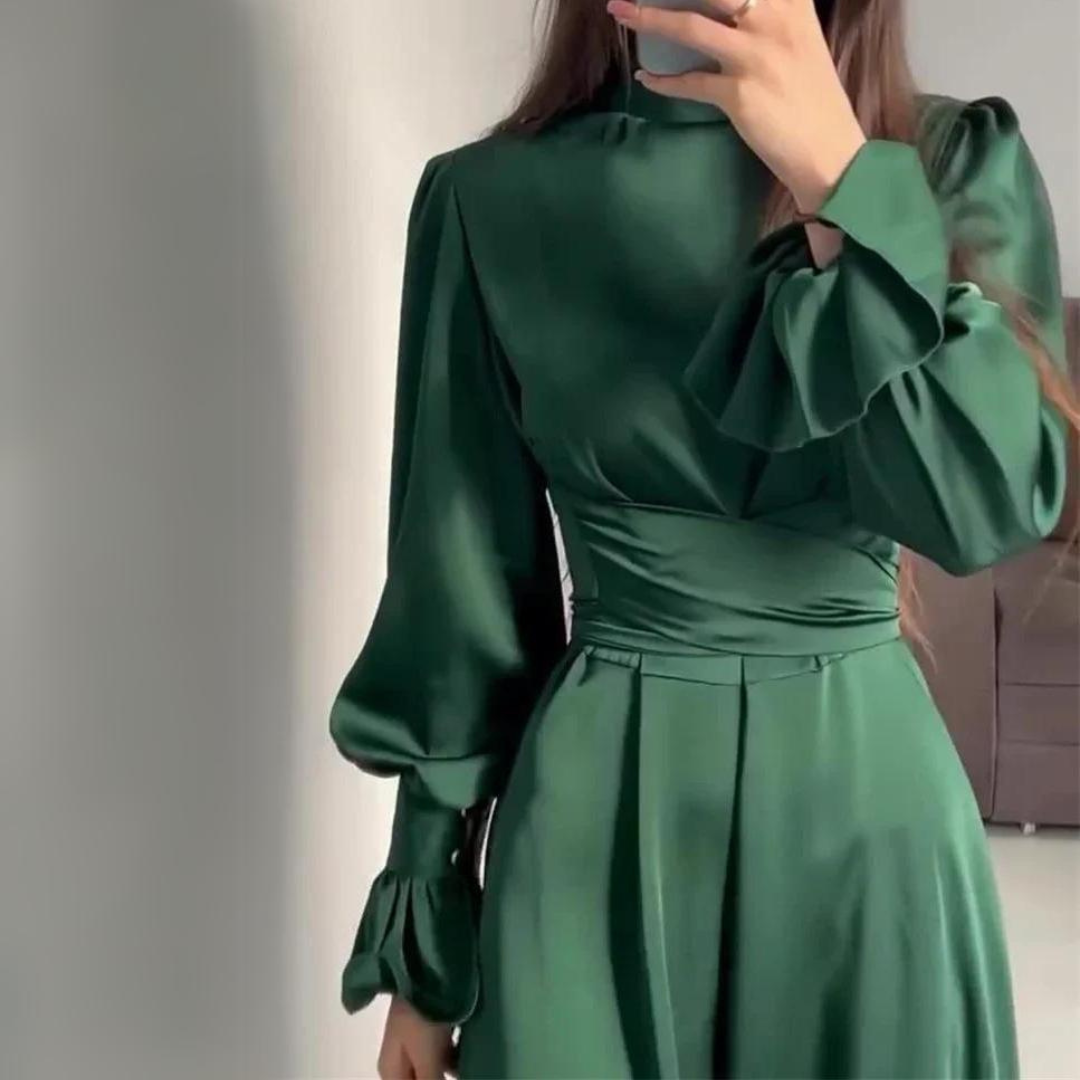 Eveloria Damen Seidenkleid Langärmlig Weich Schwarz - Eveloria