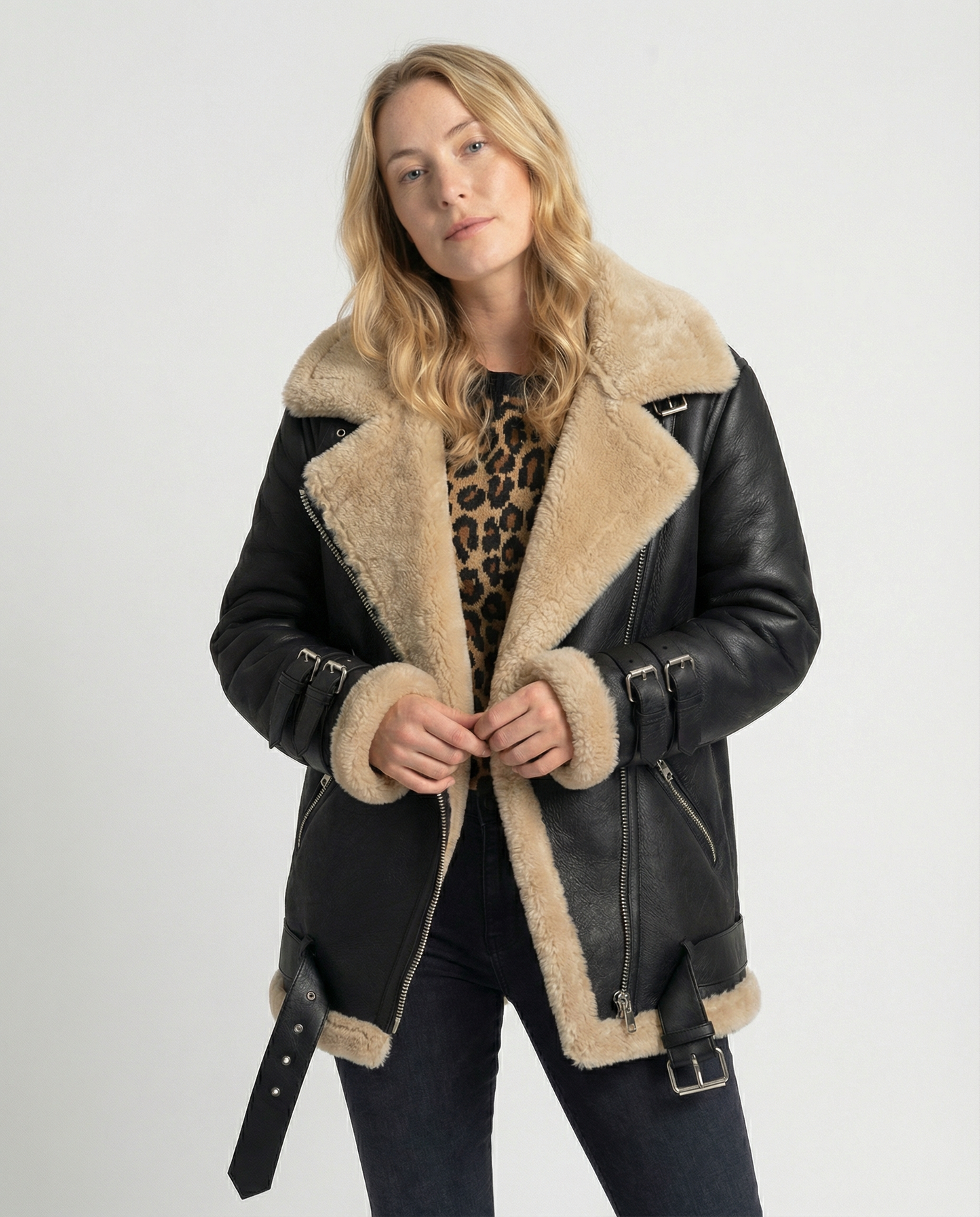 Gefütterte Damen Bikerjacke Schwarz Leder - Eveloria