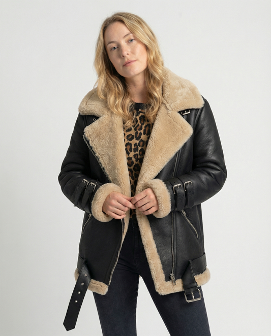 Gefütterte Damen Bikerjacke Schwarz Leder - Eveloria