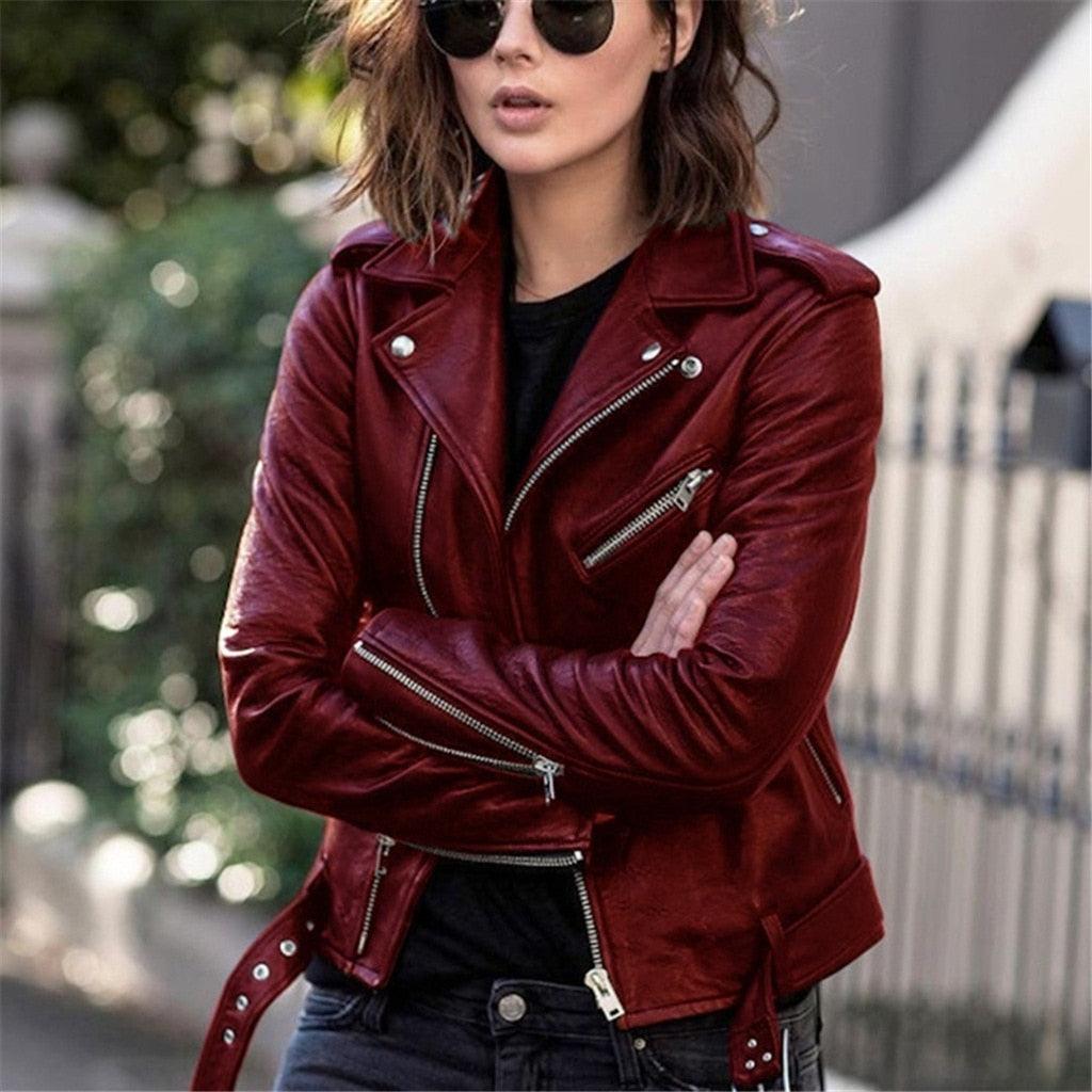 Damen Bikerjacke Leder Gürtel Schwarz - Eveloria