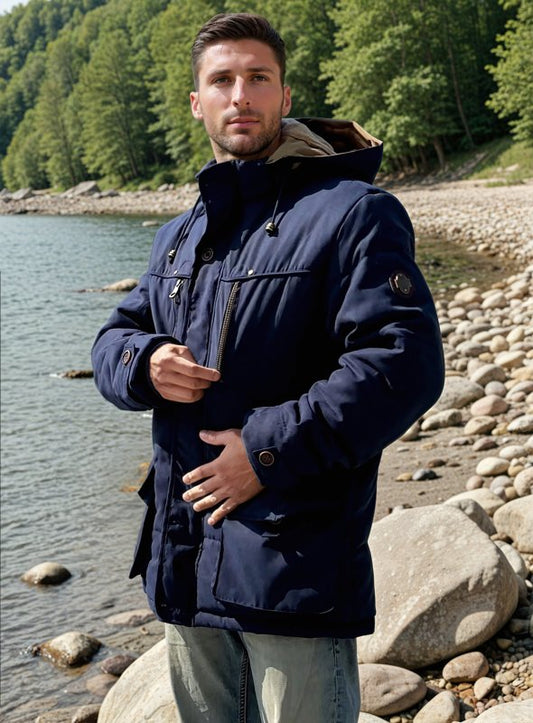 Herren Winterjacke mit Kapuze Gefüttert Schwarz - Eveloria