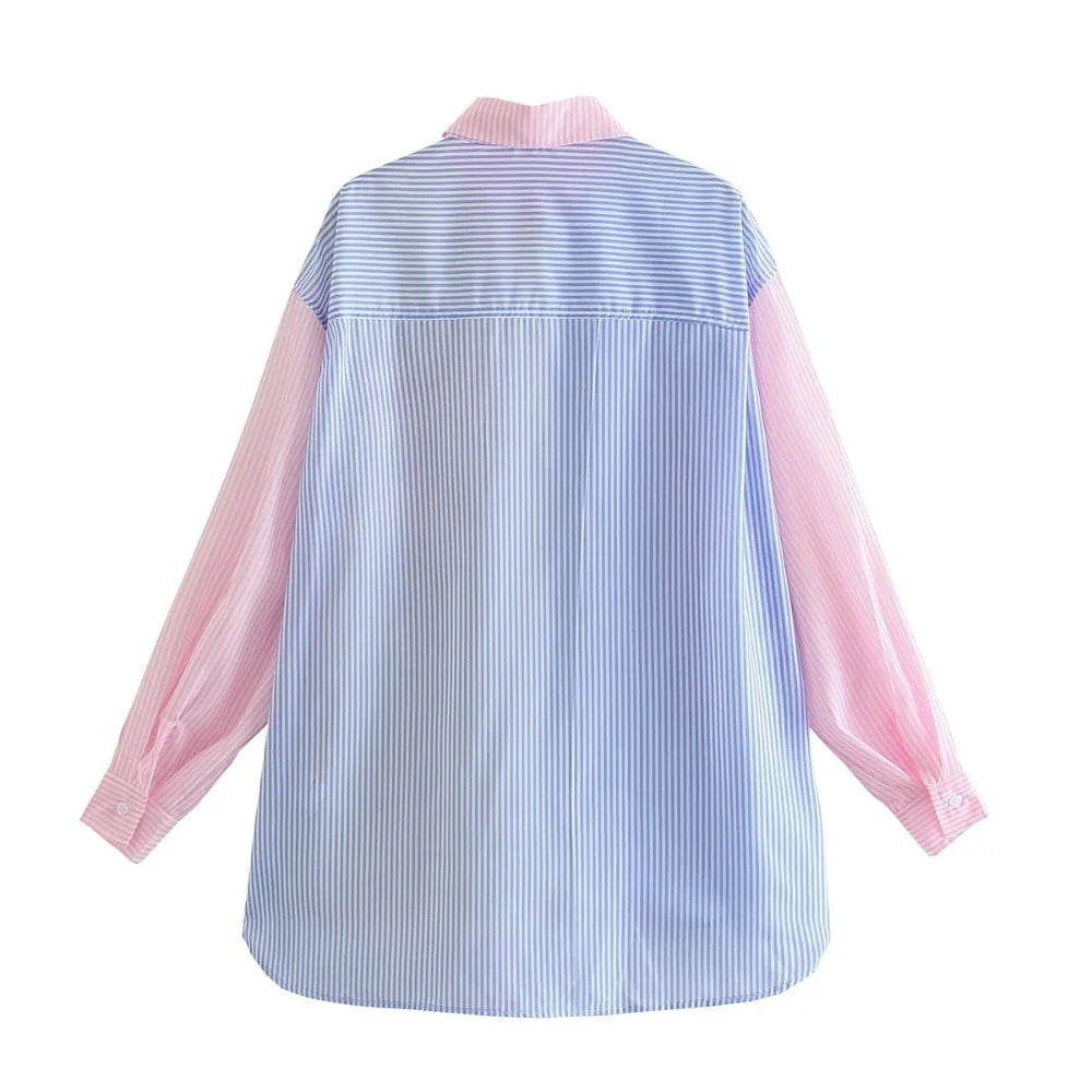Damen Oversize Bluse Mehrfarbig Streifen Reverskragen Baumwolle