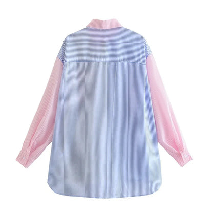 Damen Oversize Bluse Mehrfarbig Streifen Reverskragen Baumwolle