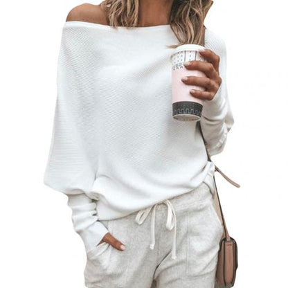Eveloria Damen Off-Shoulder Pullover Gerippter Strick Oversized