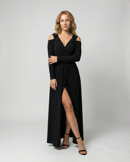 Elegantes Damen Maxikleid mit Schlitz Schwarz - Eveloria