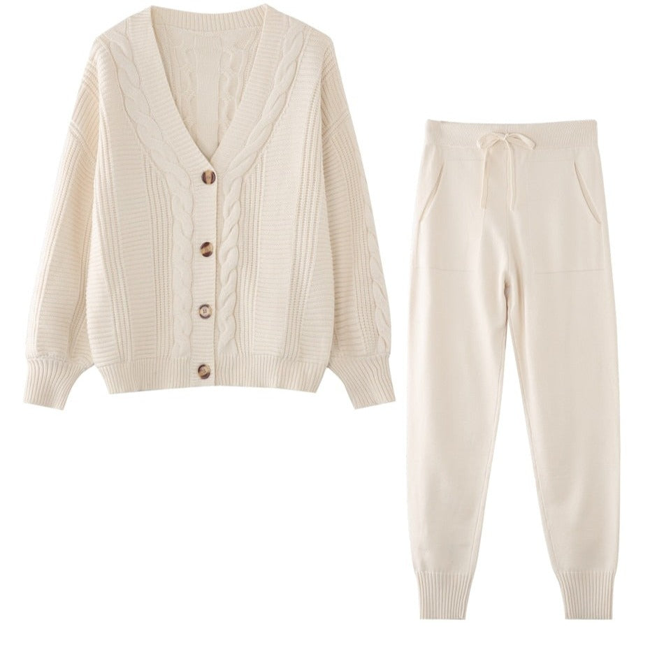 Eveloria Damen Cardigan Set aus Kaschmir mit Hose Beige