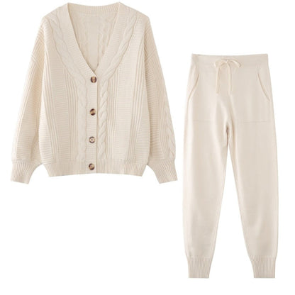 Eveloria Damen Cardigan Set aus Kaschmir mit Hose Beige