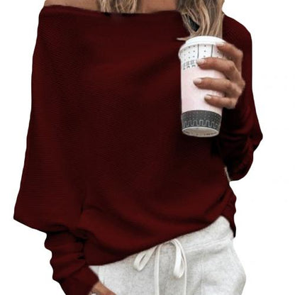 Eveloria Damen Off-Shoulder Pullover Gerippter Strick Oversized