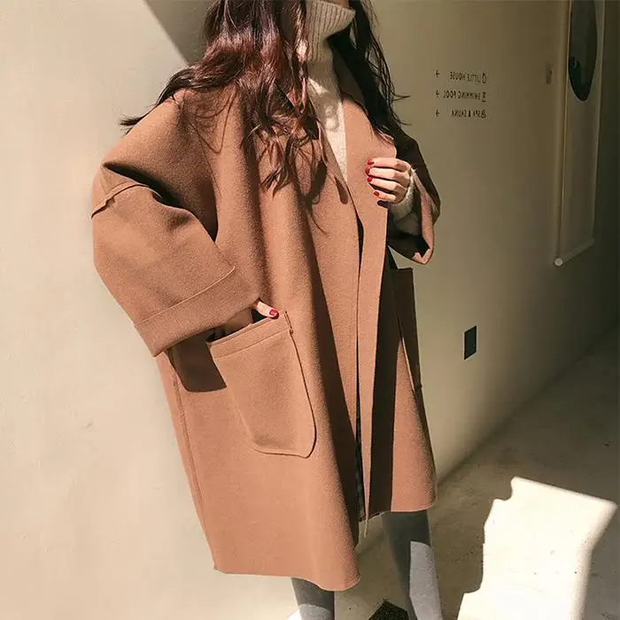 Damen Oversized Wollmantel Lang Offen mit Taschen - Eveloria