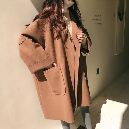 Damen Oversized Wollmantel Lang Offen mit Taschen - Eveloria