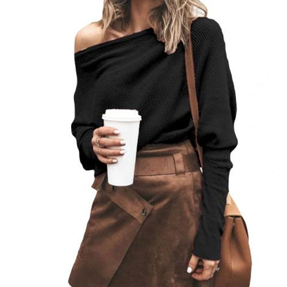Eveloria Damen Off-Shoulder Pullover Gerippter Strick Oversized