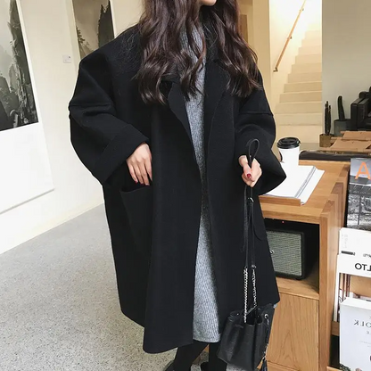 Damen Oversized Wollmantel Lang Offen mit Taschen