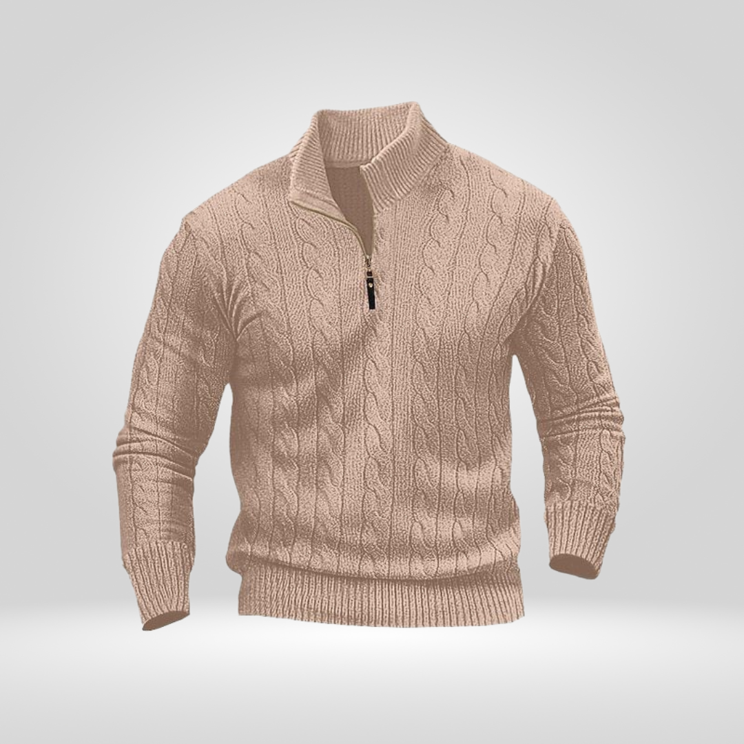 Halb-Reißverschluss-Pullover – Herren-Pullover mit Zopfmuster und Viertel-Reißverschluss-Rosa-S-Chaps Herrenmode