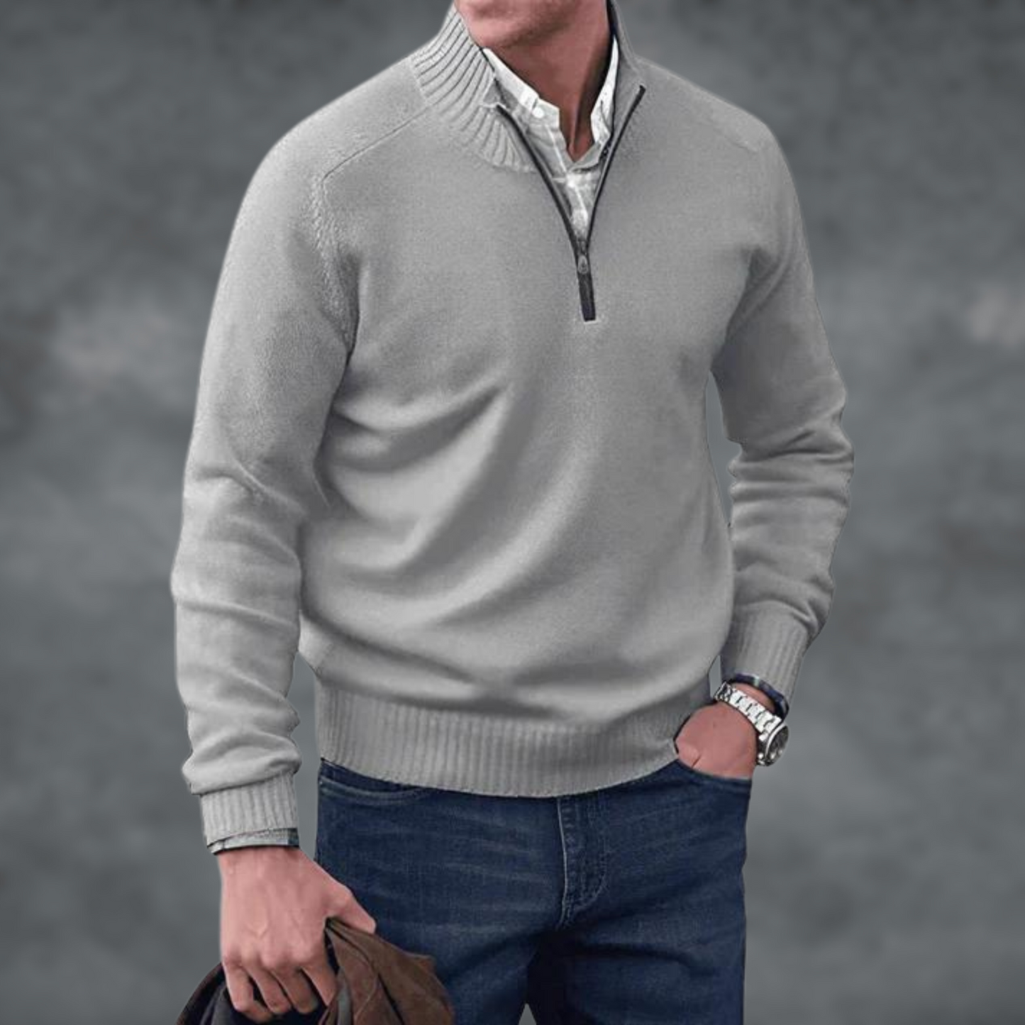 Halb-Reißverschluss Pullover - Kaschmir - Stehkragen - Steckbrücke - Strickpullover-Grau-S-Chaps Herrenmode