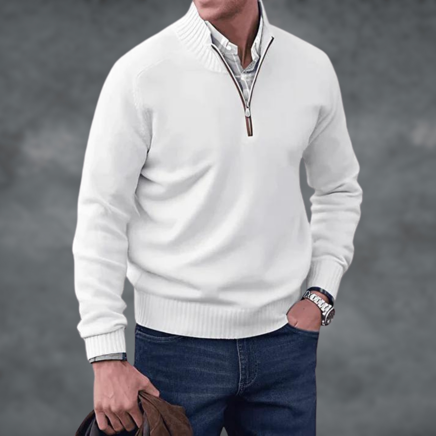 Halb-Reißverschluss Pullover - Kaschmir - Stehkragen - Steckbrücke - Strickpullover-Weiß-S-Chaps Herrenmode