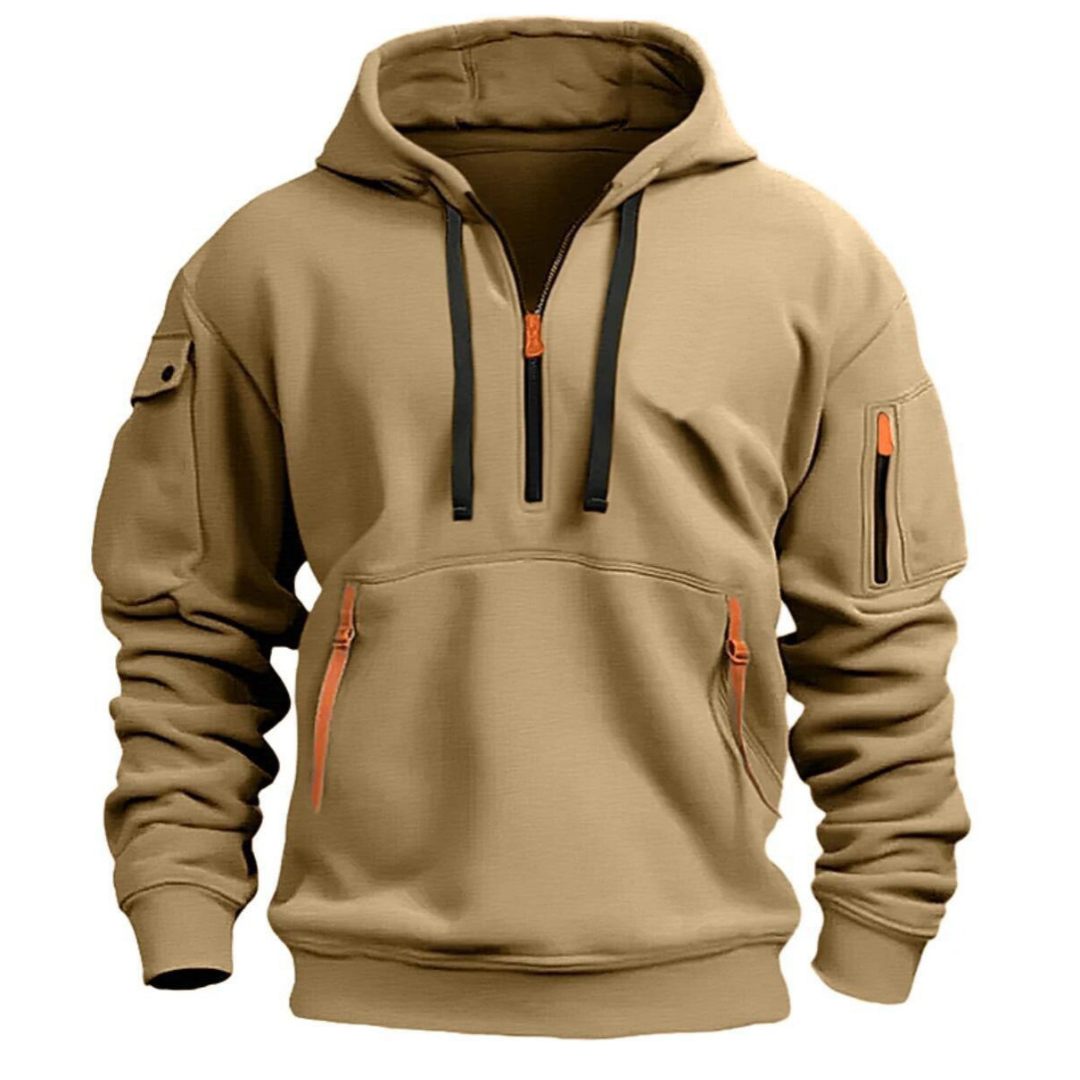 Half-Zip Hoodie | Zip Pockets | Pullover | Casual Hoodie | Herren Hoodie-Khaki-S-Chaps Herrenmode