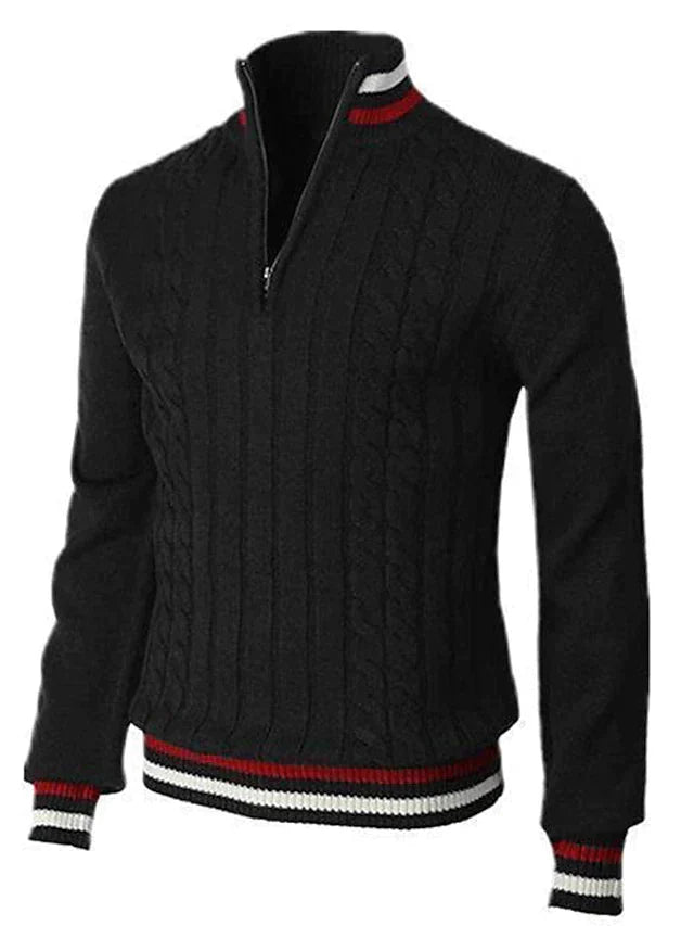 Half-Zip Sweater - Herren Stehkragen Zopfstrickpullover-Schwarz-XS-Chaps Herrenmode