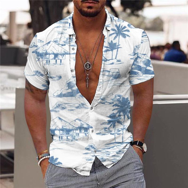 Herren Kurzarmhemd Sommer Hawaiihemd Baumwolle Blau - Eveloria