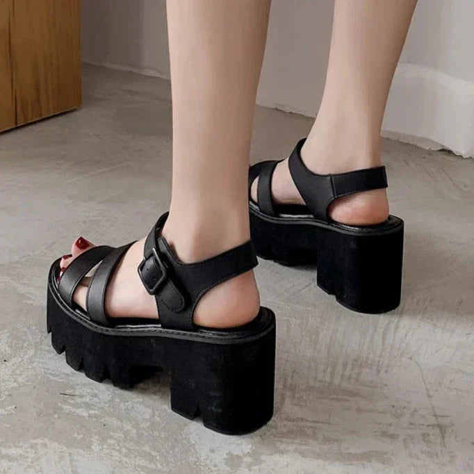 Eveloria Damen Plattform Sandalen Schwarz Chunky - Eveloria