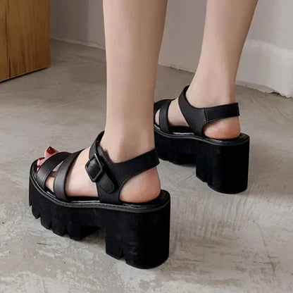 Eveloria Damen Plattform Sandalen Schwarz Chunky - Eveloria