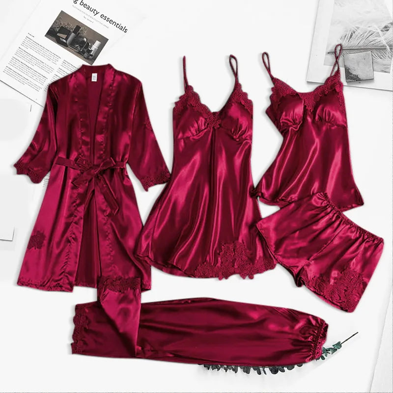 Eveloria Damen Seiden-Schlafbademantel-Set 5-teilig - Eveloria