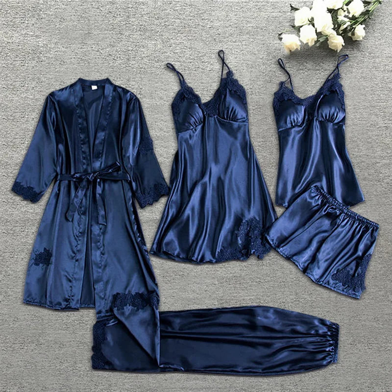 Eveloria Damen Seiden-Schlafbademantel-Set 5-teilig