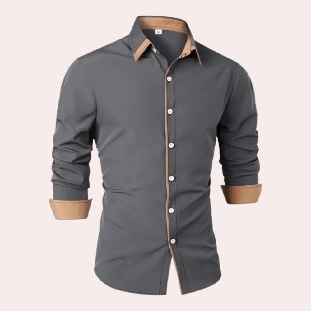 Hemd mit Knopfleiste | Lässig | Halskrause | Langarmhemd | Herrenhemd-Grau-S-Chaps Herrenmode