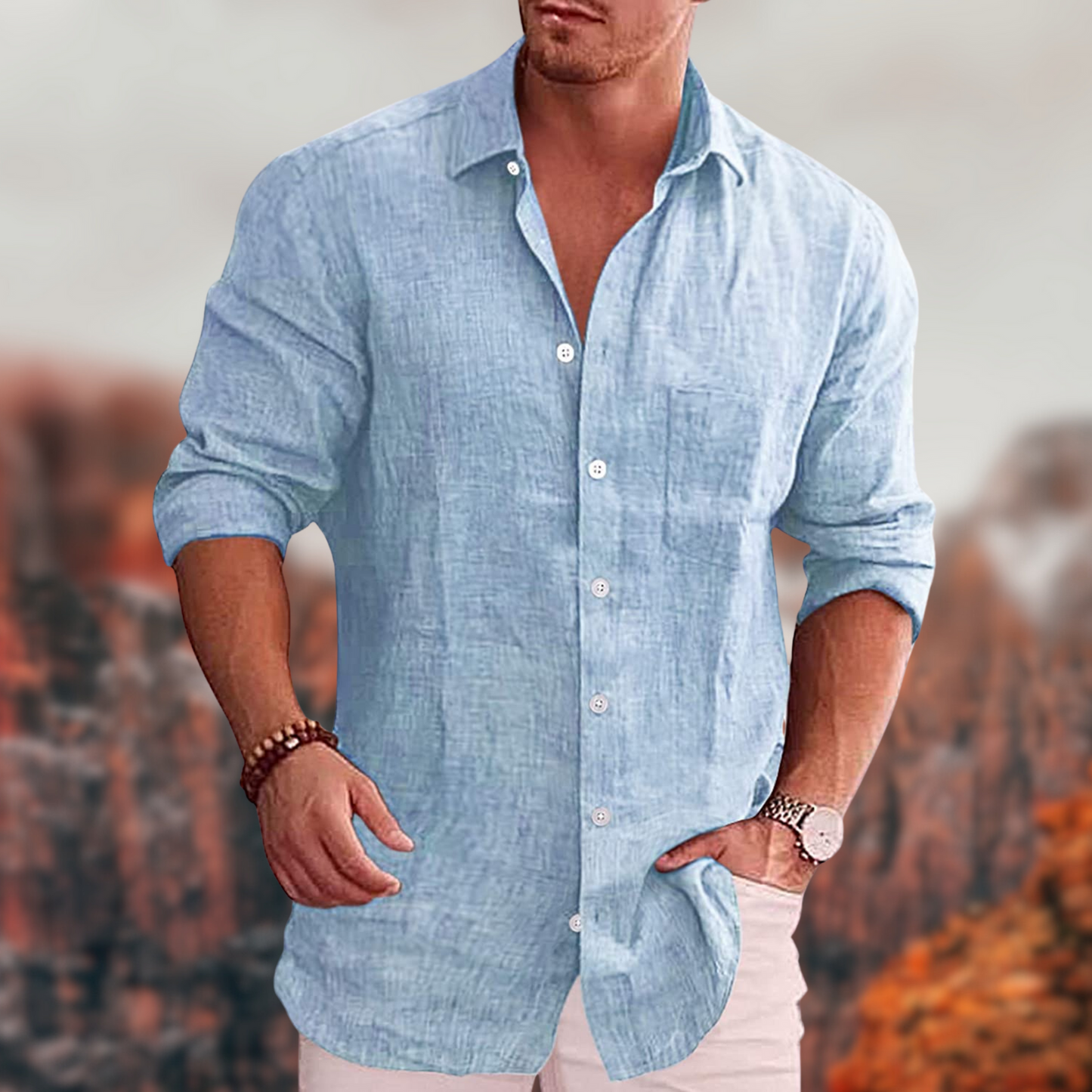 Hemd mit Knopfleiste - Lässiges Herrenhemd mit langen Ärmeln und Umlegekragen-Blau-S-Chaps Herrenmode